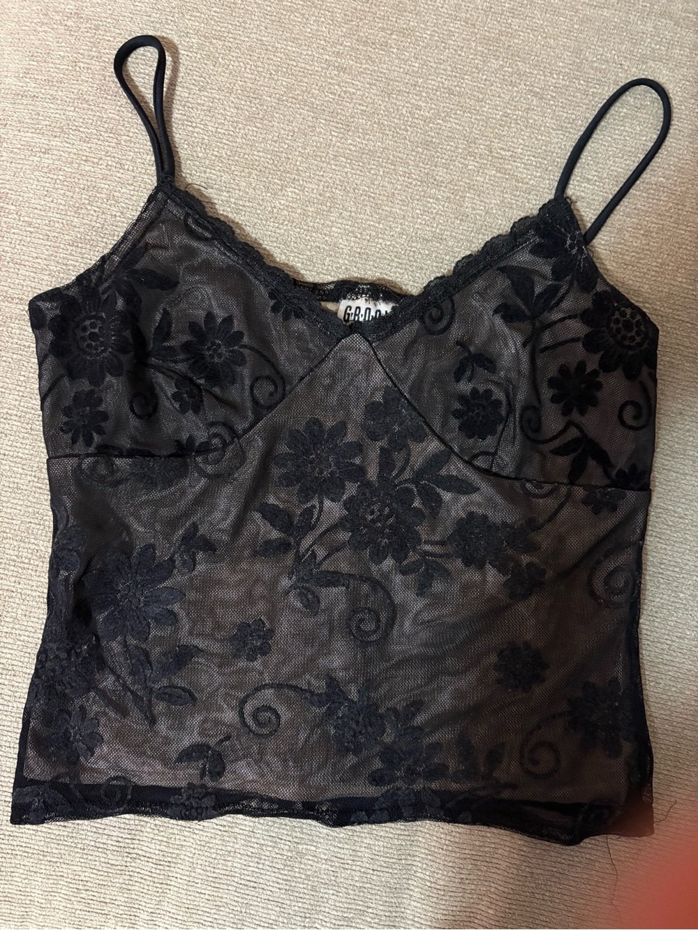 groove Black Sheer Floral Lace Cami with Spaghetti Straps